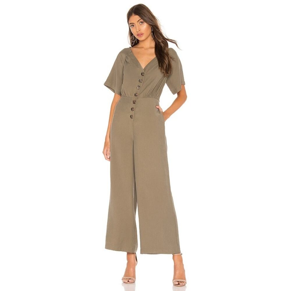 L’Academie Lissa Olive‎ Button Front Wide Leg Jumpsuit with Pockets Size XS